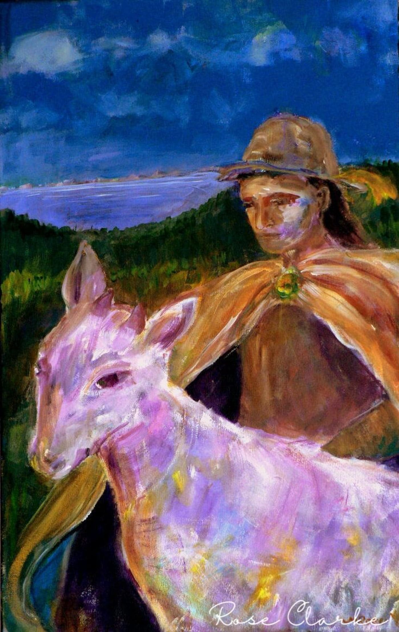 Journey painting by Rose CLarke man and horse pink green and brown