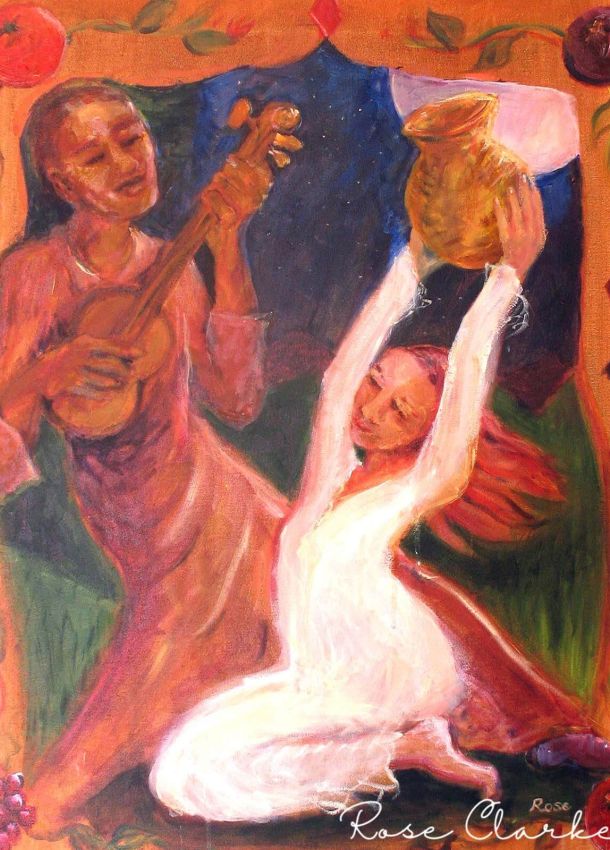 Moonlight serenade painting man playing guitar with woman holding vase