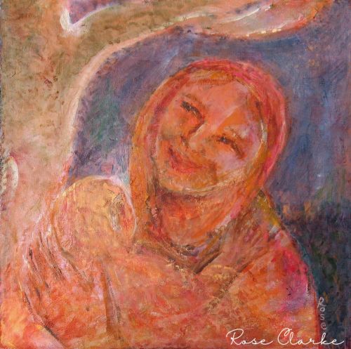 mamushka painting womans smiling face red and pink