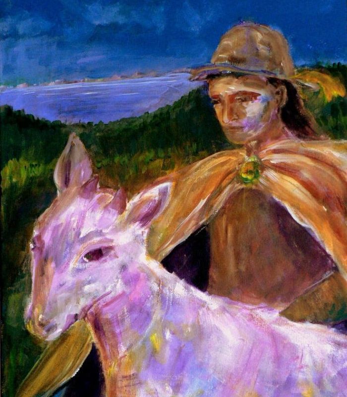 Journey painting by Rose CLarke man and horse pink green and brown