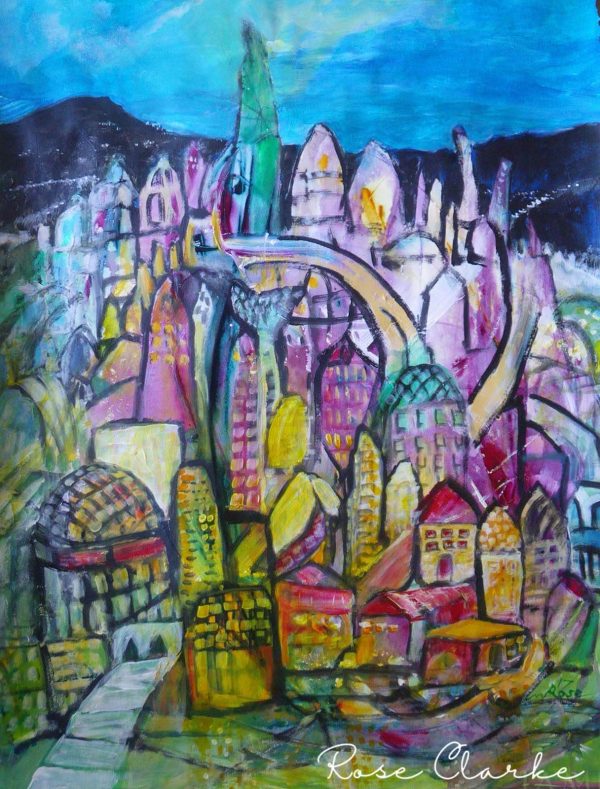 magictown painting multicolored city and blue sky