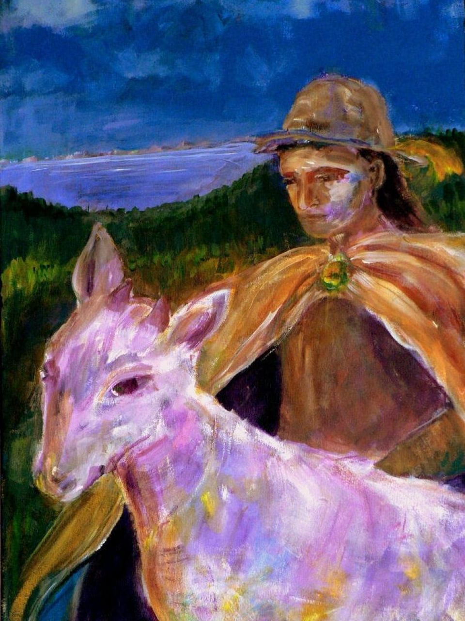 Journey painting by Rose CLarke man and horse pink green and brown