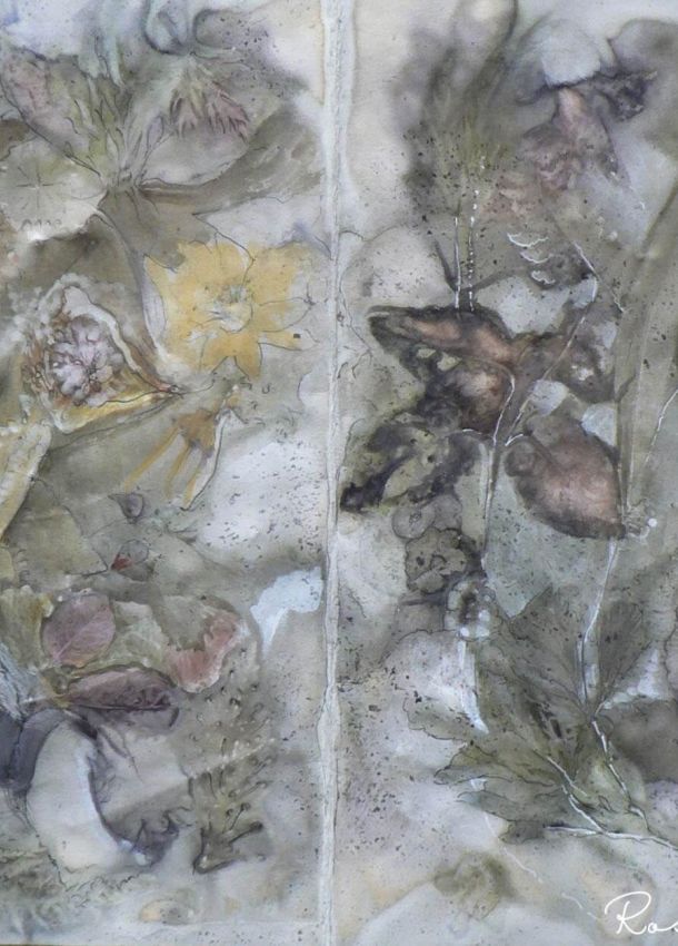 green and yellow leaf ecoprint watercolour