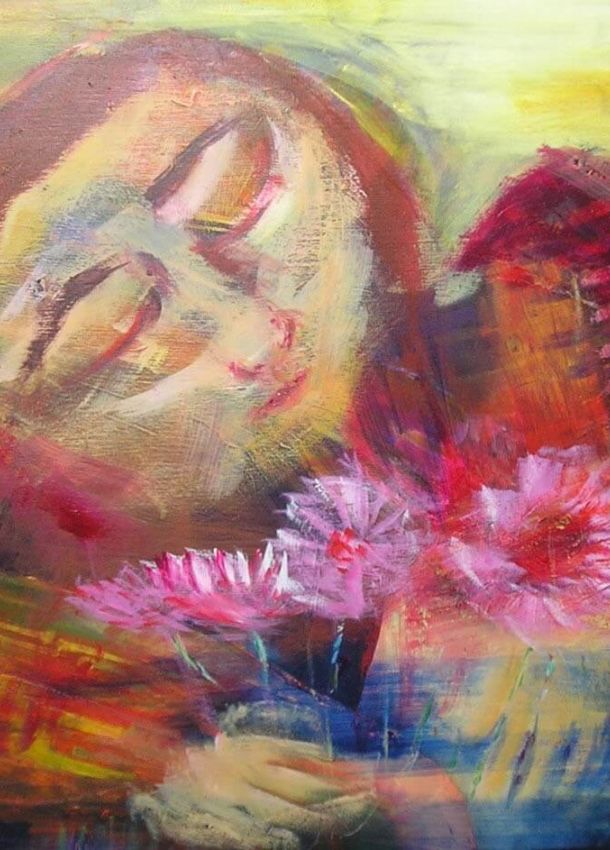 lotuses for the ancestors painting sleeping face by red houses holding pink flowers