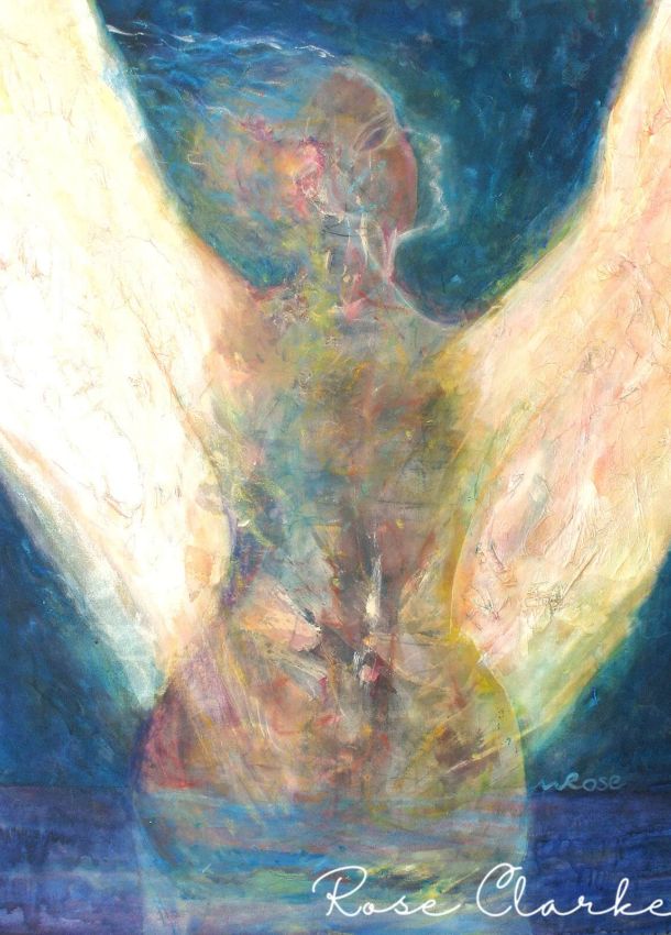 A bride to amazement woman with wings on blue background
