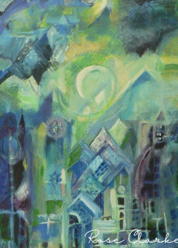 eine kleine nachtmusik painting city and mountain scene green and blue