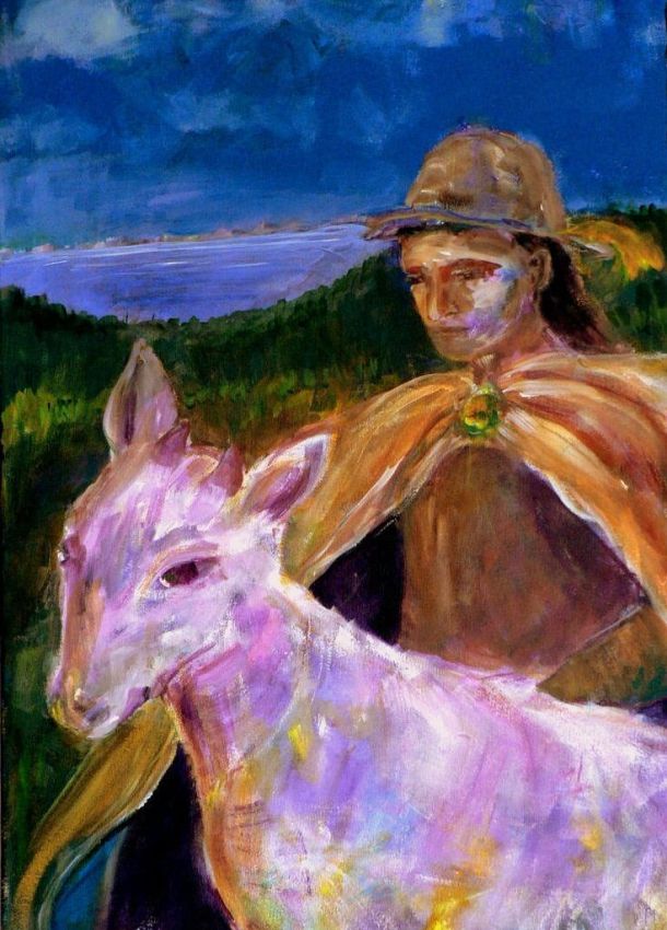 Journey painting man with brown clothing and hat with pink colored horse