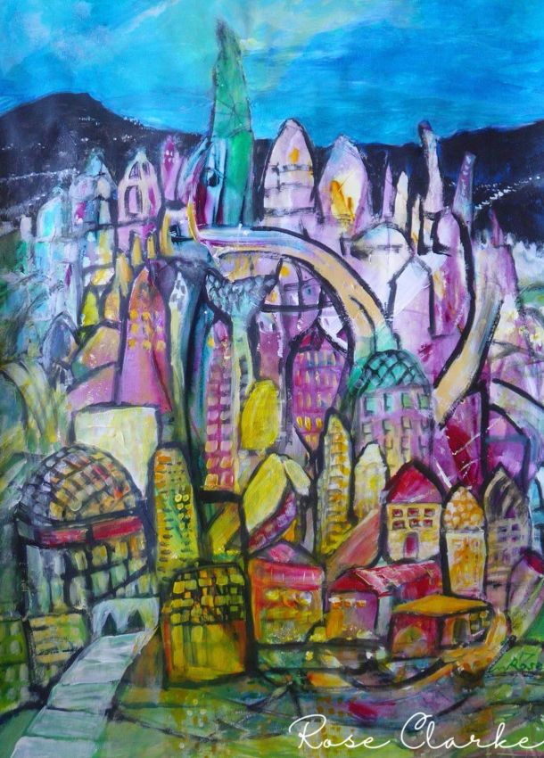 magictown painting multicolored city and blue sky