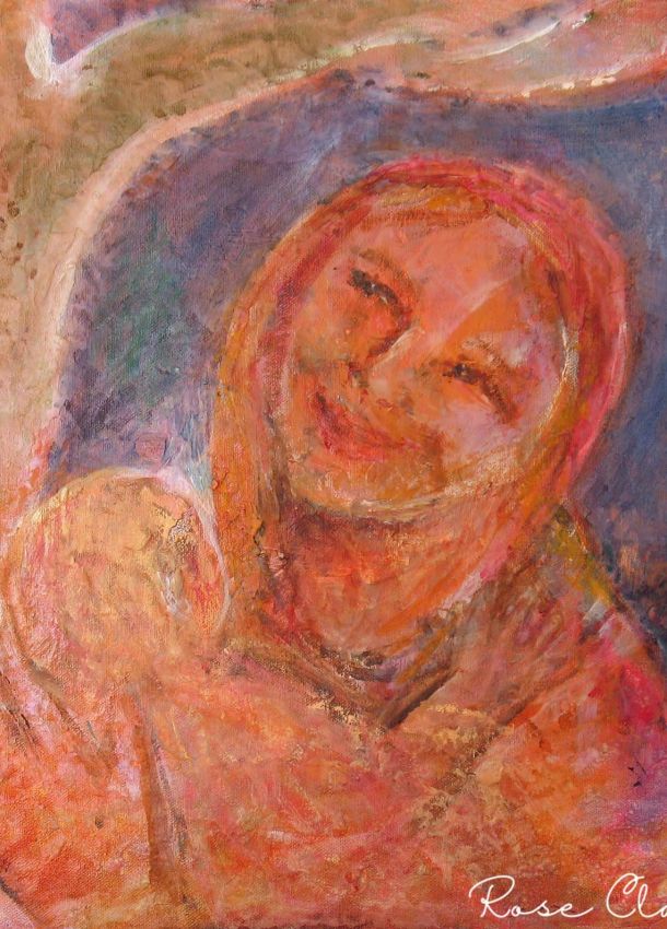 mamushka painting womans smiling face red and pink