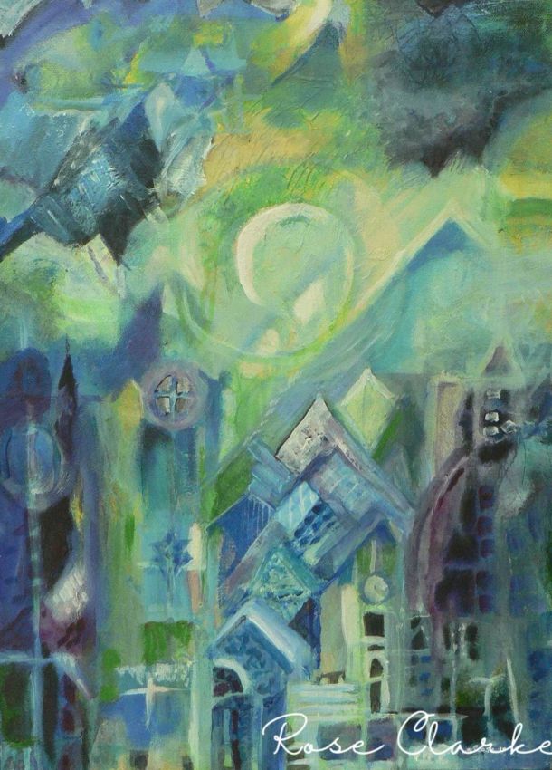 eine kleine nachtmusik painting city and mountain scene green and blue