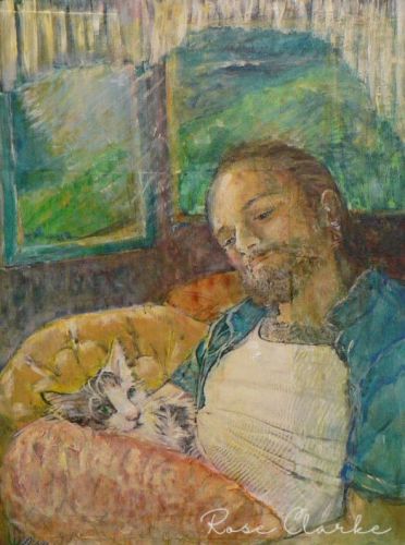 Andy and goober man with cat painting