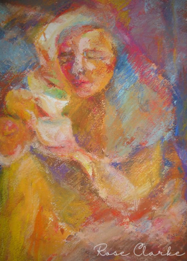 Tea ceremony painting person drinking tea pastels