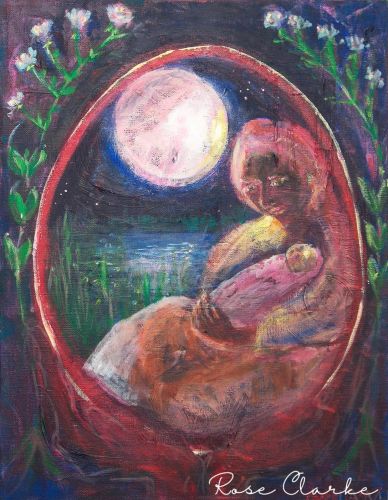 madonna paitning woman holding baby in a red circle covered by flowers