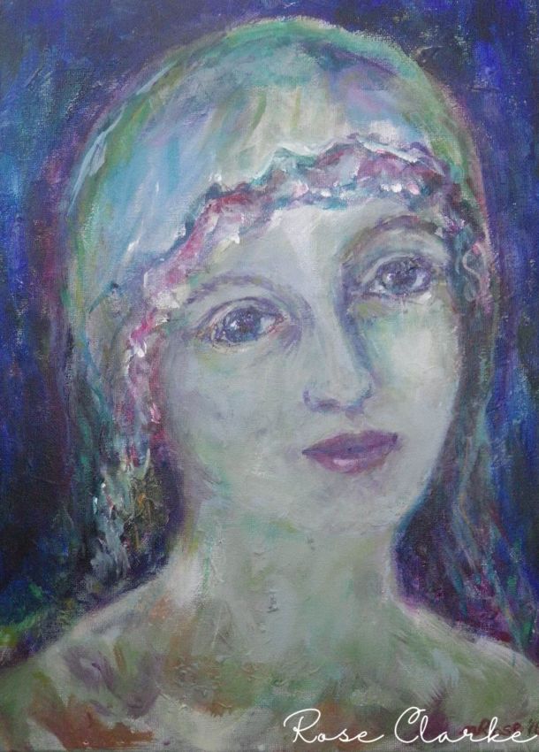 Green Tara Painting womans face with veil blue and white colors