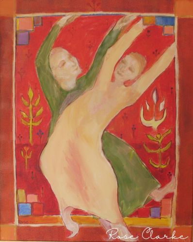 Sufi dancers painting red pink and green
