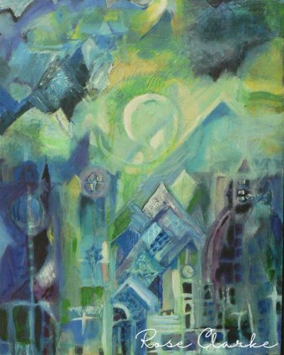 eine kleine nachtmusik painting city and mountain scene green and blue