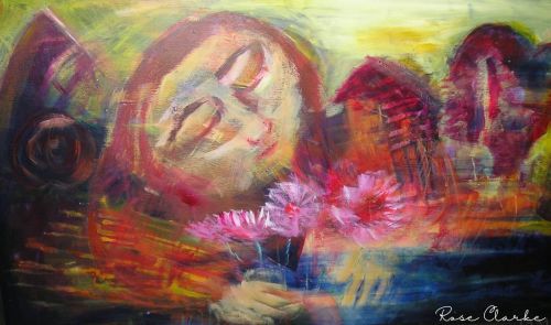 lotuses for the ancestors painting sleeping face by red houses holding pink flowers