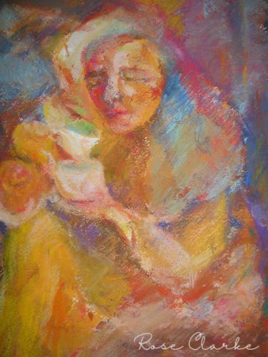 Tea ceremony painting person drinking tea pastels