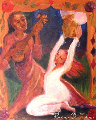 Moonlight serenade painting man playing guitar with woman holding vase